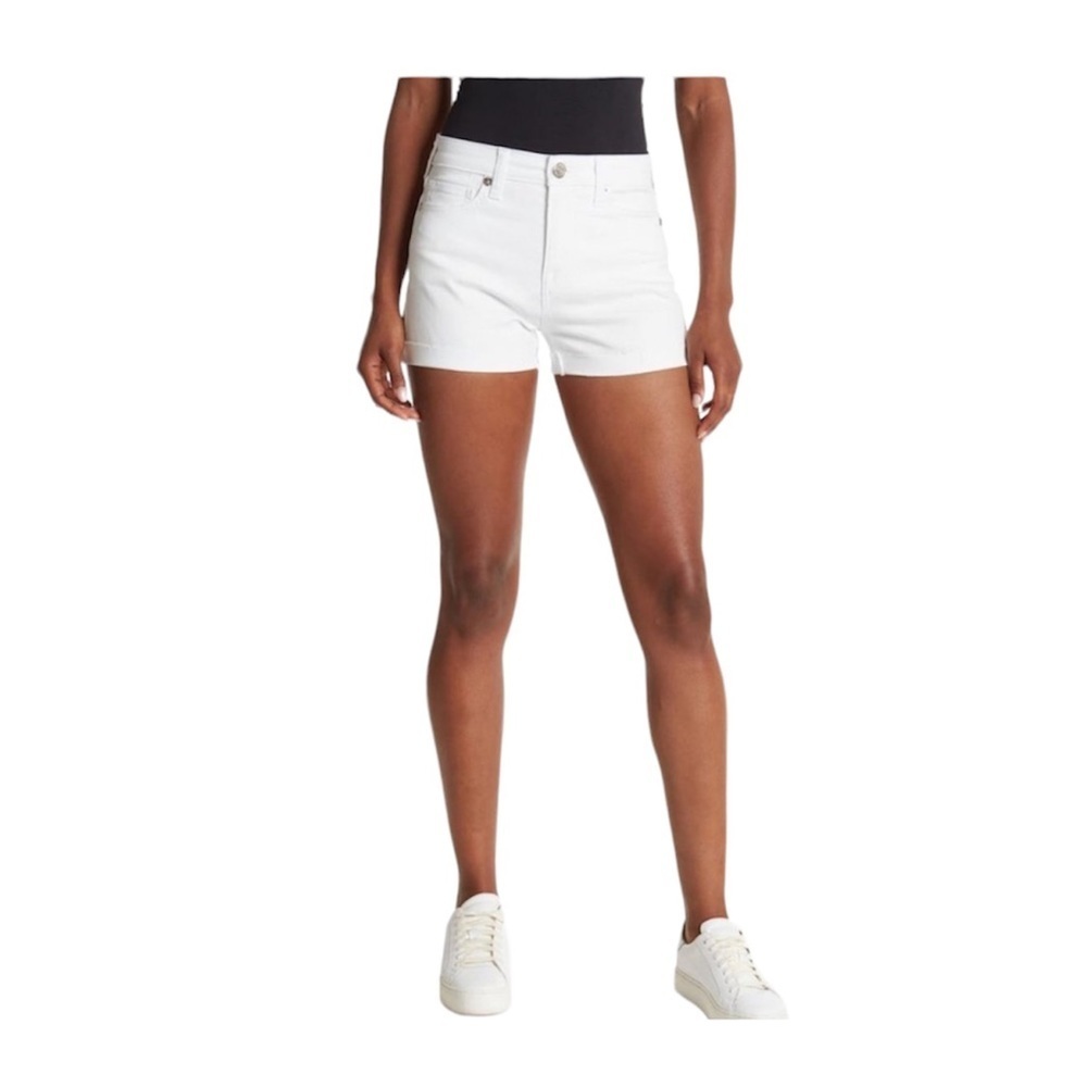 SOLD True Religion Womens White High Rise 5 Pocket Raw Hem Cuff Jean Shorts Sz - Picture 2 of 8